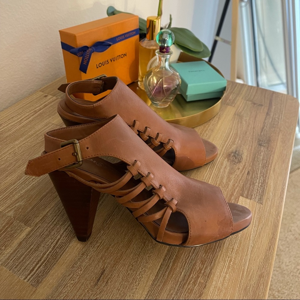 Brown faux leather open toe booties